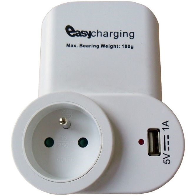 Solight USB nabíjecí adaptér s průběžnou zásuvkou, 1000mA, držák na telefon, bílý