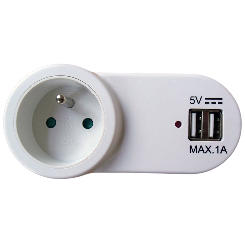 Solight USB nabíjecí adaptér s průběžnou zásuvkou, 2x USB, 1000mA max., bílý
