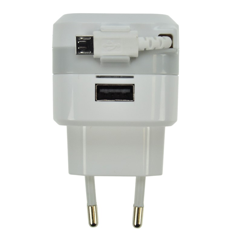 Solight USB nabíjecí adaptér, navíjecí kabel micro USB + 1x USB, 2400mA max., AC 230V, bílošedý