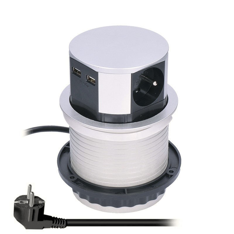 Solight výsuvný blok zásuvek, 3 zásuvky, 2x USB, kruhový tvar nízký, prodlužovací přívod 1,5m, 3 x 1mm2, stříbrný