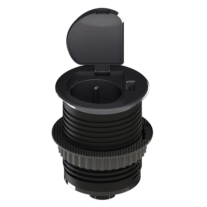 Solight USB vestavná zásuvka s víčkem, 1 zásuvka, plast, kruhový tvar, prodlužovací přívod 1,5m, 3x 1mm2, USB 2100mA, stříbrná