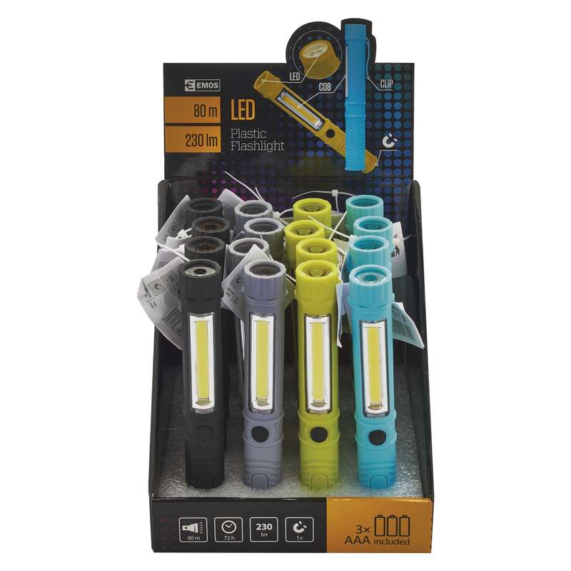 LED svítilna plastová, 3W COB LED + 1x LED, na 3x AAA