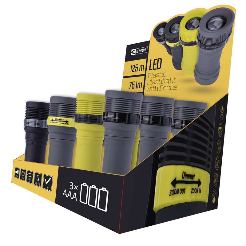 LED svítilna plastová, 1x LED 3W, na 3x AAA, FOKUS, box
