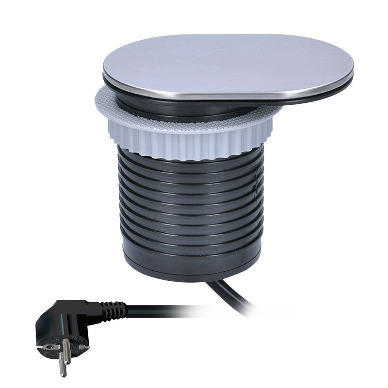 Solight 1x vestavná zásuvka + 1x USB s posuvným víčkem, oválný kryt z broušeného hliníku, prodlužovací přívod 1,9m, USB 2400mA